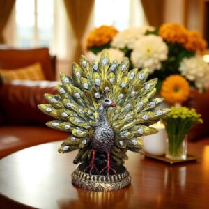 decorative golden peacock showpiece for home décor | elegant table ornament decorative showpiece 15 cm (resin, green, gold)