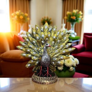 Home decorative golden peacock showpiece for home décor | elegant table ornament decorative showpiece 15 cm (resin, green, gold)