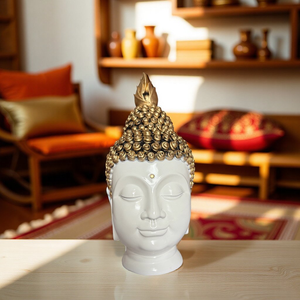 elegant golden buddha head statue for home décor, peace and spiritual balance decorative showpiece 10 cm (ceramic, white, gold) elegant golden buddha head statue for home décor, peace and spiritual balance decorative showpiece 10 cm (ceramic, white, gold)