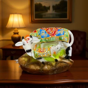 Home handcrafted resin cow with calf idol for home decor, vastu & living room decorative showpiece 7.62 cm (resin, white, pink)