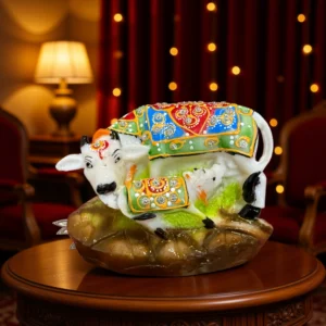 handcrafted resin cow with calf idol for home decor, vastu & living room decorative showpiece 7.62 cm (resin, white, pink)