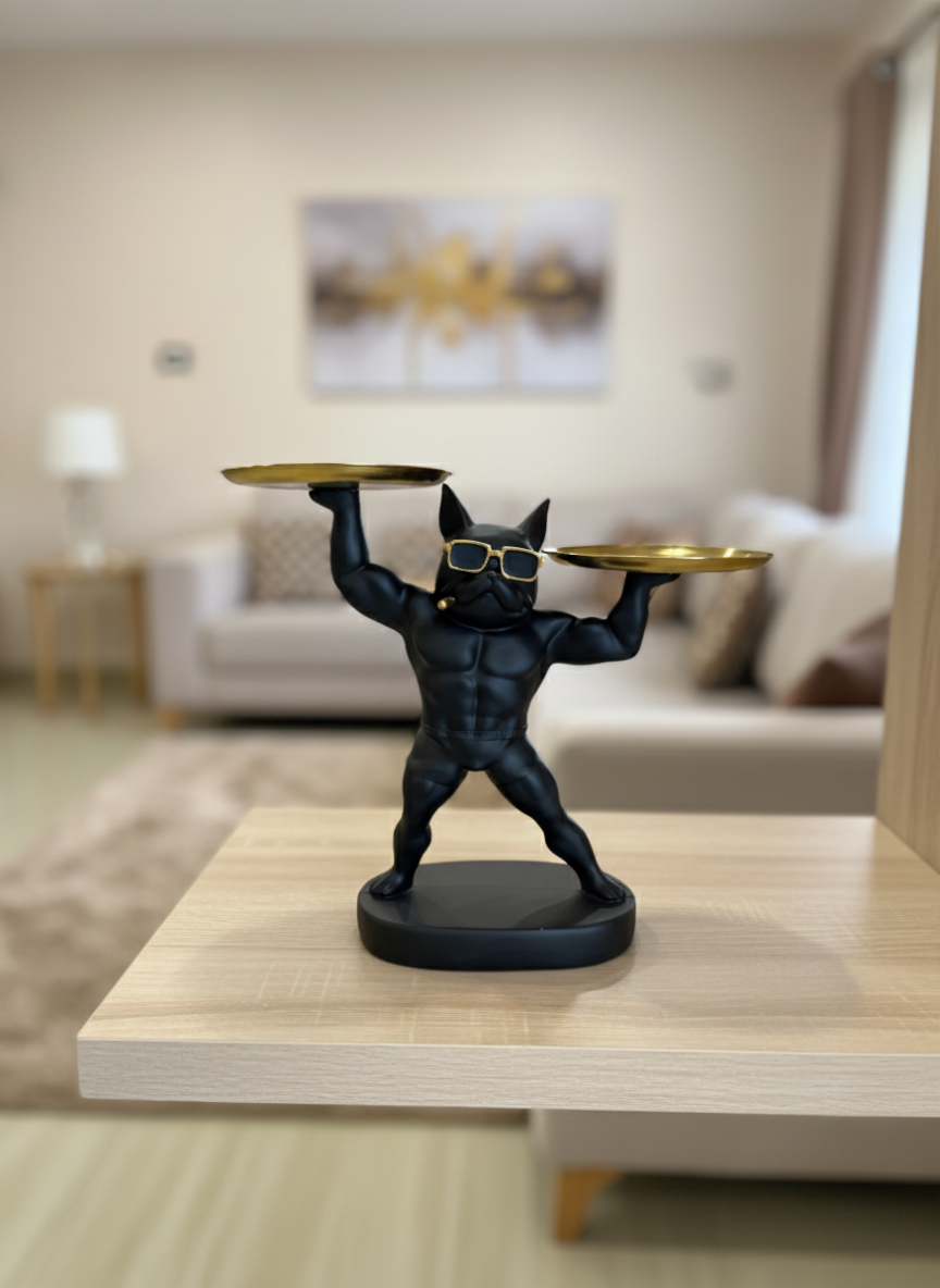 modern french bulldog butler tray with gold plates – stylish home decor figurine decorative showpiece 30.48 cm (resin, black) modern french bulldog butler tray with gold plates – stylish home decor figurine decorative showpiece 30.48 cm (resin, black)