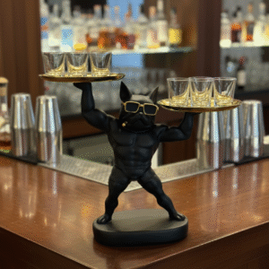 Home modern french bulldog butler tray with gold plates – stylish home decor figurine decorative showpiece 30.48 cm (resin, black)