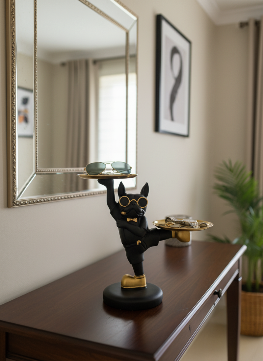 charming french bulldog butler figurine with gold trays – elegant home decor decorative showpiece 27.94 cm (resin, black, gold) charming french bulldog butler figurine with gold trays – elegant home decor decorative showpiece 27.94 cm (resin, black, gold)