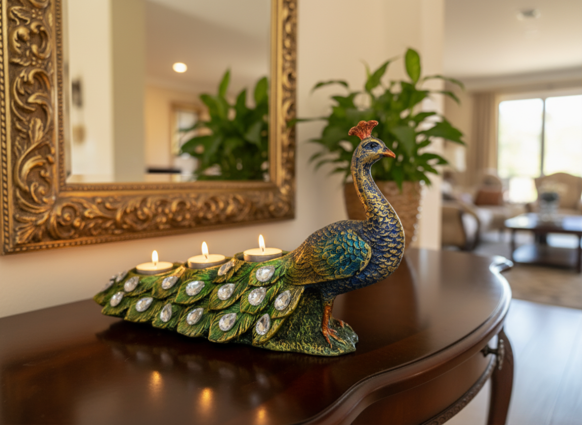 beautiful green & grey resin peacock figurine for living room home décor decorative showpiece 33.02 cm (resin, grey, green) beautiful green & grey resin peacock figurine for living room home décor decorative showpiece 33.02 cm (resin, grey, green)