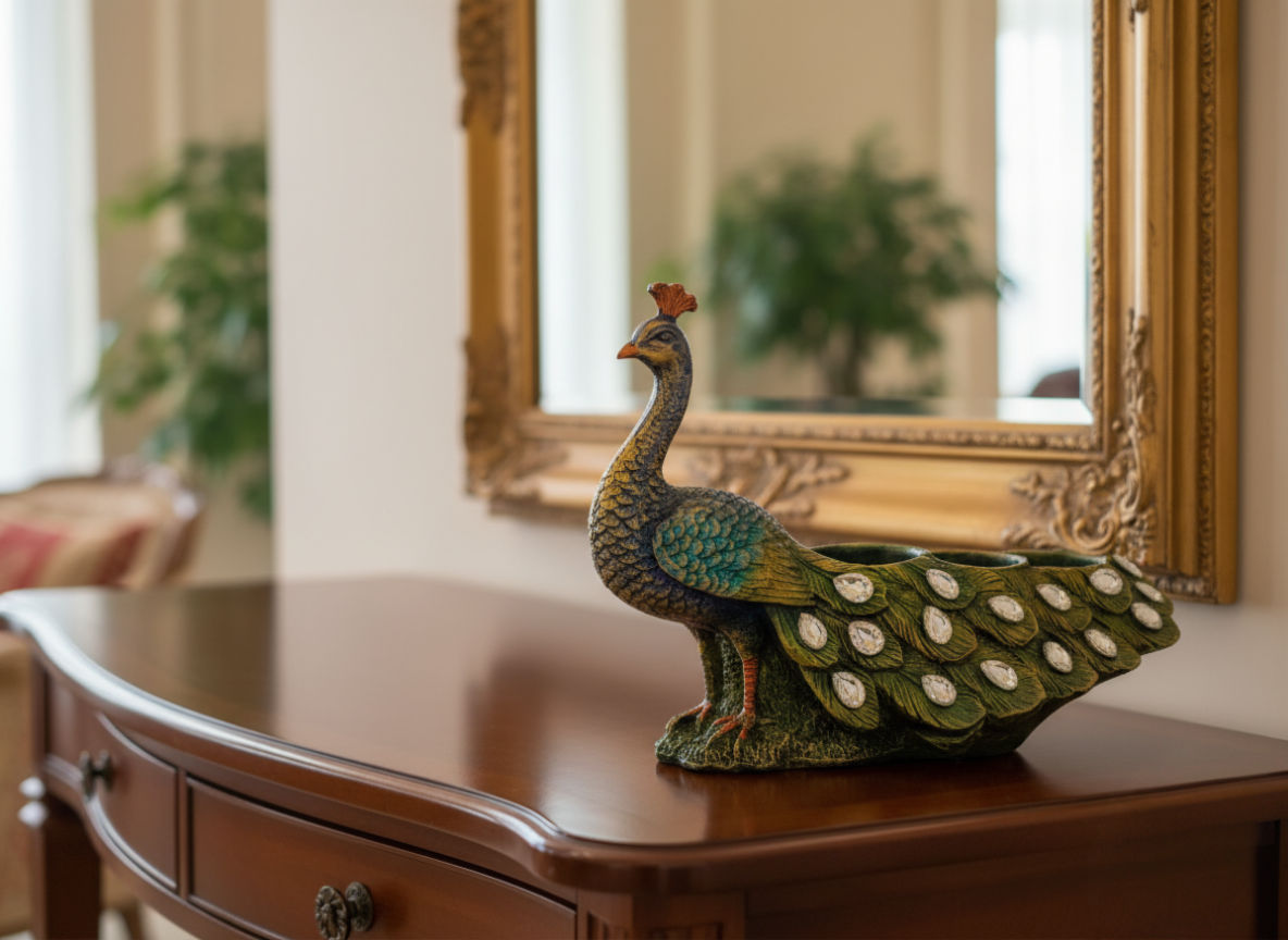 beautiful green & grey resin peacock figurine for living room home décor decorative showpiece 33.02 cm (resin, grey, green) beautiful green & grey resin peacock figurine for living room home décor decorative showpiece 33.02 cm (resin, grey, green)