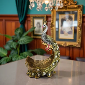 elegant peacock decorative showpiece for home décor | resin art centerpiece decorative showpiece 15 cm (resin, multicolor, green)
