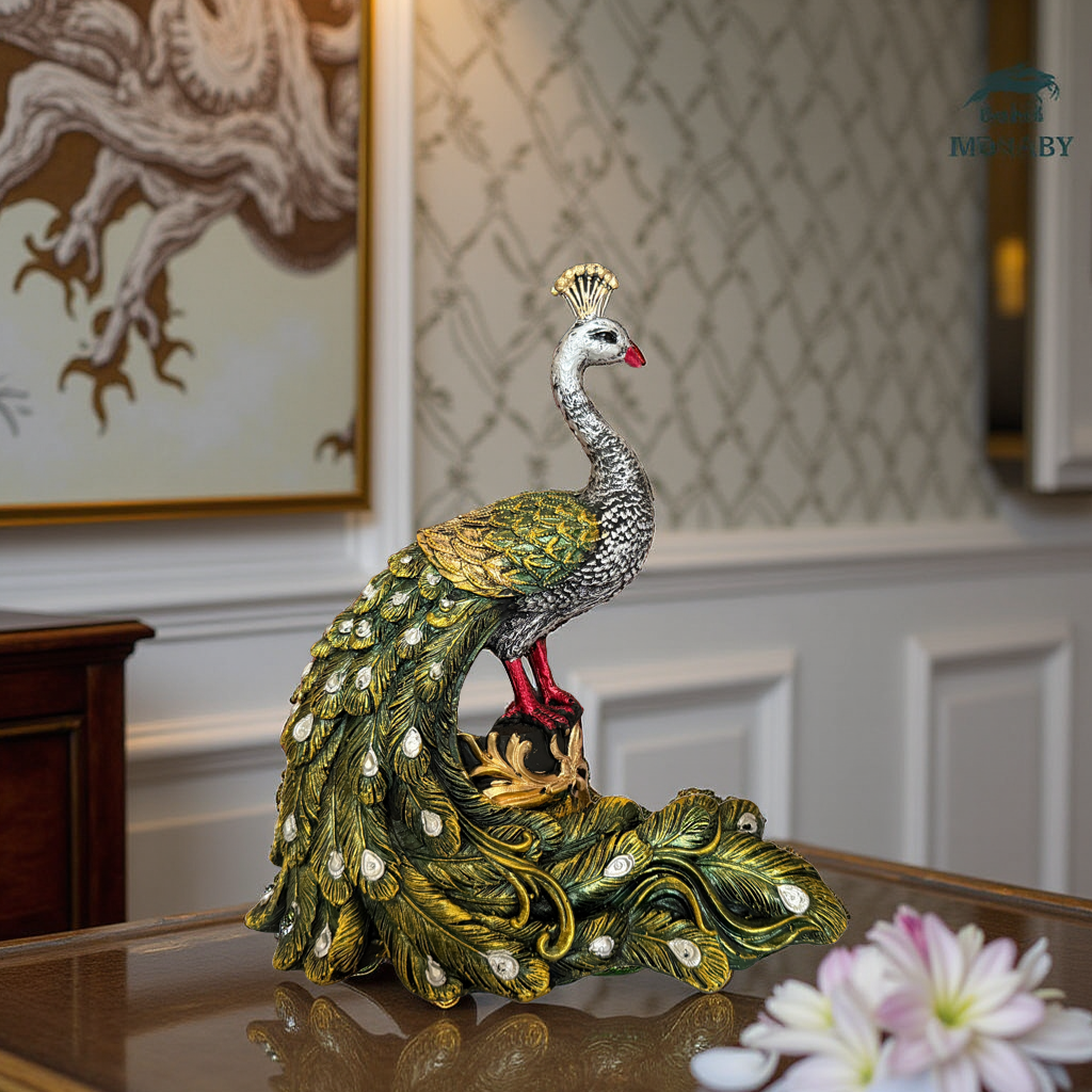 15 cm decorative peacock showpiece – elegant hand painted resin figurine with intricate feather detailing, perfect for home decor, office desk, and gift