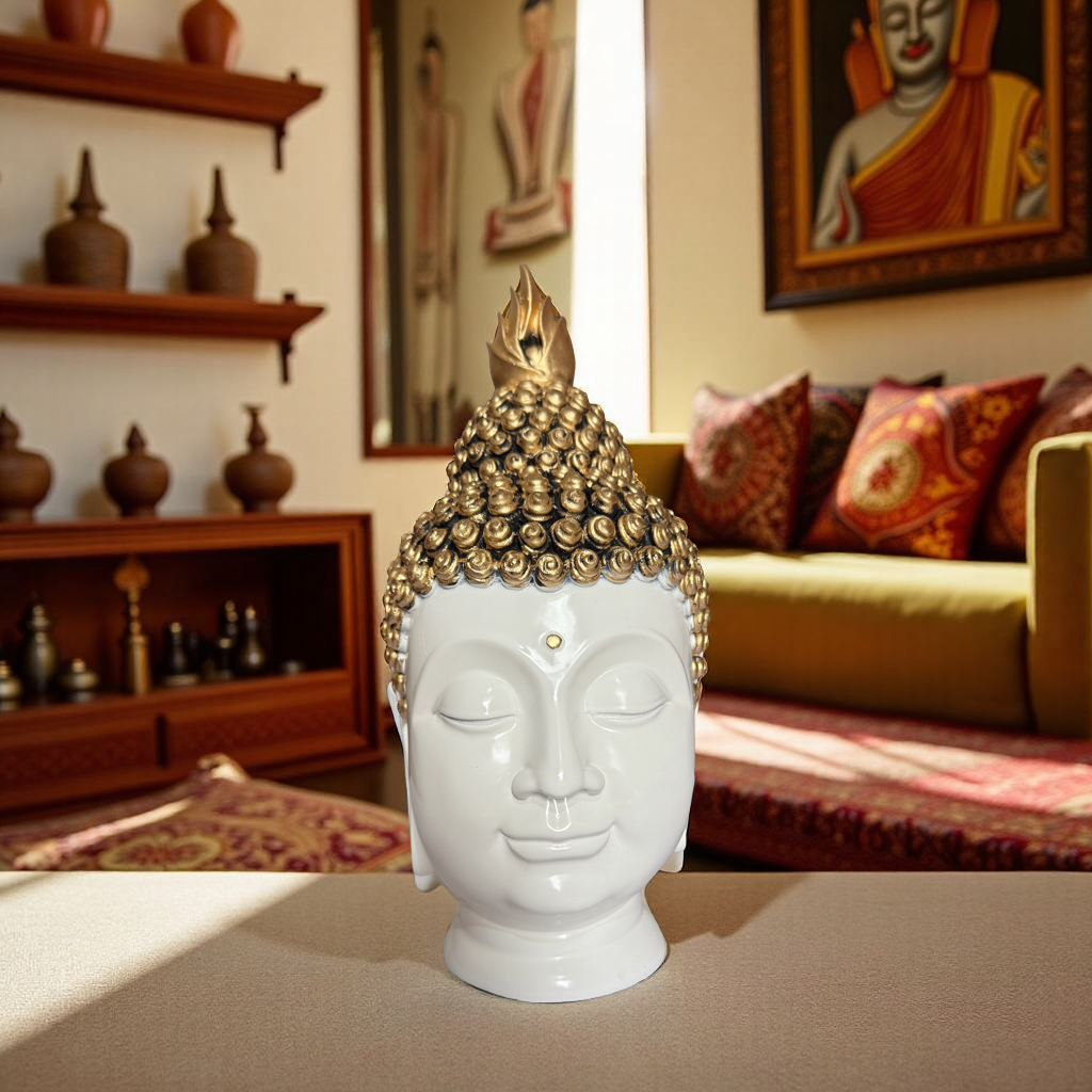 elegant golden buddha head statue for home décor, peace and spiritual balance decorative showpiece 10 cm (ceramic, white, gold) elegant golden buddha head statue for home décor, peace and spiritual balance decorative showpiece 10 cm (ceramic, white, gold)