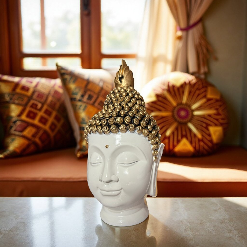elegant golden buddha head statue for home décor, peace and spiritual balance decorative showpiece 10 cm (ceramic, white, gold) elegant golden buddha head statue for home décor, peace and spiritual balance decorative showpiece 10 cm (ceramic, white, gold)
